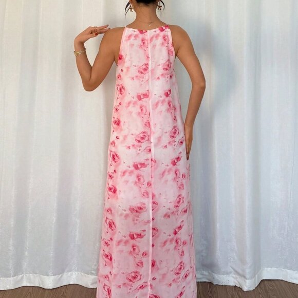 Pink Women's Elegant Ruffle Strap Floral Print Long Flowy Maxi Dress - Picture 2 of 7
